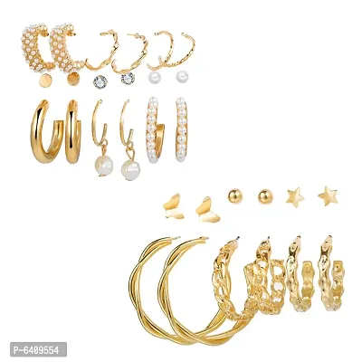 Combo of 15 Pair Pretty Gold Plated Cross hoop, Hoop and Studs Earrings For Women and Girls