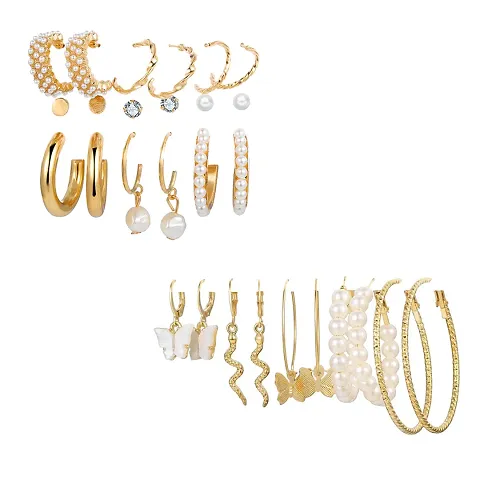 Combo of 14 Pair Classy Gold Plated Studded Pearl Studs and Hoop Earrings