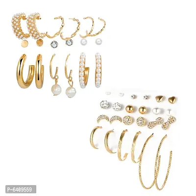 Combo of 21 Pair Attractive Gold Plated Pearl Stone Studs and Hoop Earrings For Women and Girls