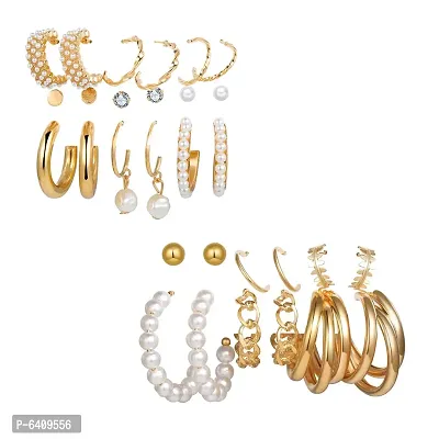 Combo of 15 Pair Lavish Gold Plated Chain and Pearl Hoop, Hoop and Studs Earrings For Women and Girls-thumb0
