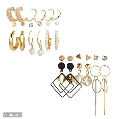 Combo of 15 Pair Elegant Gold Plated Studs and Hoop Earrings For Women and Girls