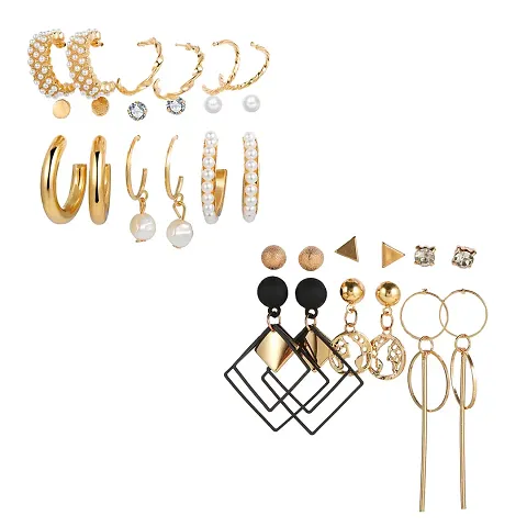 Combo of 15 Pair Claasy Alloy Gold Plated Pearl Crystal Studs And Hoop Earrings