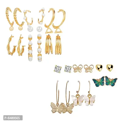 Combo of 15 Pair Enamelled Gold Plated Butterfly Crystal Studs and hoop Earrings For Women and Girls