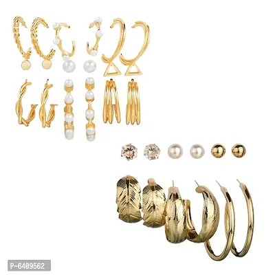 Combo of 15 Pair Stunning Gold Plated Pearl Studs and Leaf Hoop Earrings For Women and Girls