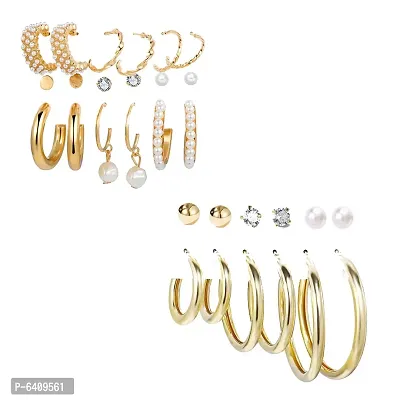 Combo of 15 Pair Lanish Gold Plated Pearl Crystal Studs and big Hoop Earrings For Women and Girls