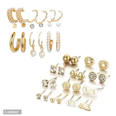 Combo of 21 Pair Stylish Gold Plated Studded Pearl Studs and Hoop Earrings For Women and Girls-thumb0