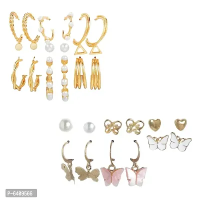Combo of 15 Pair Lavish Gold Plated Pearl Heart Studs And Hoop Earrings For Women and Girls