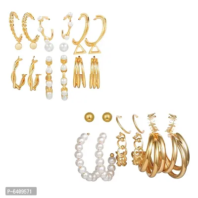 Combo of 15 Pair Lanish Gold Plated Chain and Pearl Hoop, Hoop and Studs Earrings For Women and Girls-thumb0