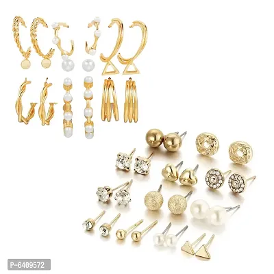 Combo of 21 Pair Stunning Gold Plated Studded Pearl Studs and Hoop Earrings For Women and Girls