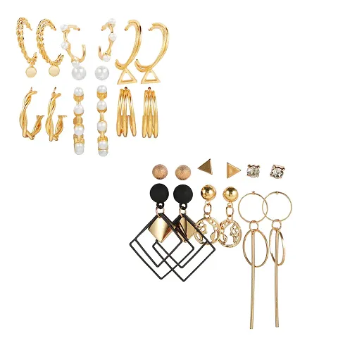 Combo of 15 Pair Fashionable Alloy Gold Plated Pearl Crystal Studs And Hoop Earrings