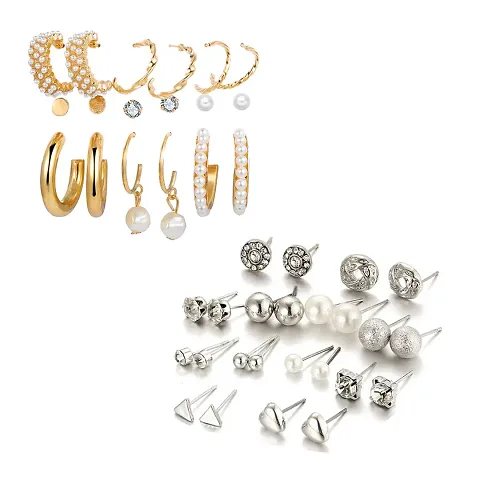 Combo of 21 Pair Trendy Plated Studded Pearl Studs Earrings For Women and Girls