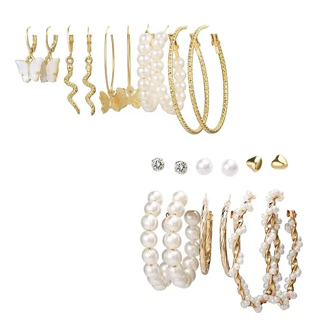 Combo of 11 Pair Alluring Alloy Gold Plated Pearl Crystal Studs And Hoop Earrings