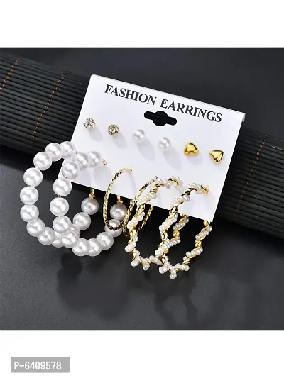 Combo of 11 Pair Trendy Gold Plated Pearl Crystal Heart Studs and Hoop Earrings For Women and Girls-thumb5