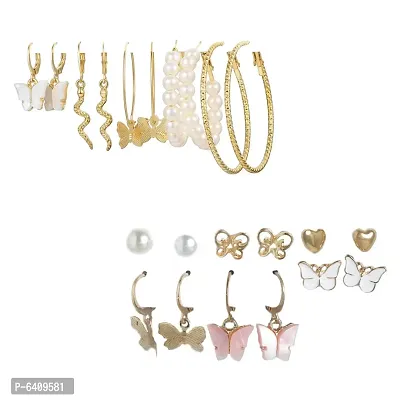 Combo of 11 Pair Lanish Gold Plated Pearl Heart Studs And Hoop Earrings For Women and Girls