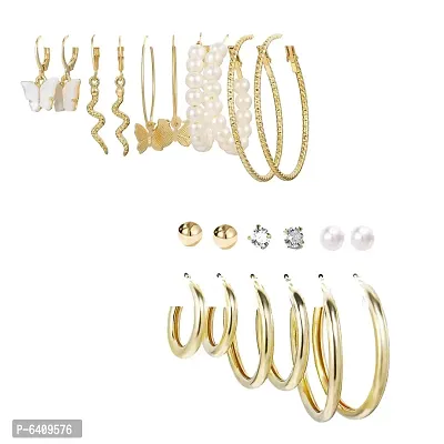 Combo of 11 Pair Lavish Gold Plated Pearl Crystal Studs and big Hoop Earrings For Women and Girls-thumb0