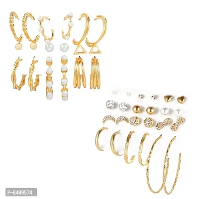 Combo of 21 Pair Pretty Gold Plated Pearl Stone Studs and Hoop Earrings For Women and Girls