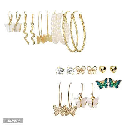 Combo of 11 Pair Elegant Gold Plated Butterfly Crystal Studs and hoop Earrings For Women and Girls