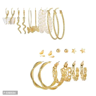 Combo of 11 Pair Pretty Gold Plated Cross hoop, Hoop and Studs Earrings For Women and Girls