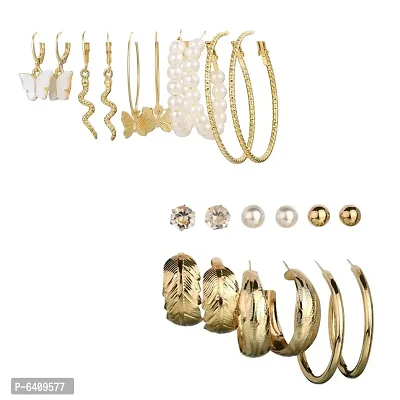 Combo of 11 Pair Stylish Gold Plated Pearl Studs and Leaf Hoop Earrings For Women and Girls