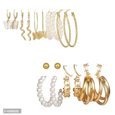 Combo of 11 Pair Lavish Gold Plated Chain and Pearl Hoop, Hoop and Studs Earrings For Women and Girls