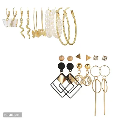 Combo of 11 Pair Elegant Gold Plated Studs and Hoop Earrings For Women and Girls-thumb0