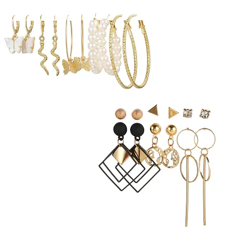 Combo of 11 Pair Attractive Alloy Gold Plated Pearl Crystal Studs And Hoop Earrings