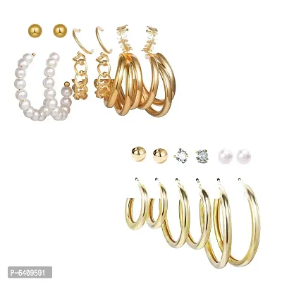 Combo of 12 Pair Lanish Gold Plated Pearl Crystal Studs and big Hoop Earrings For Women and Girls