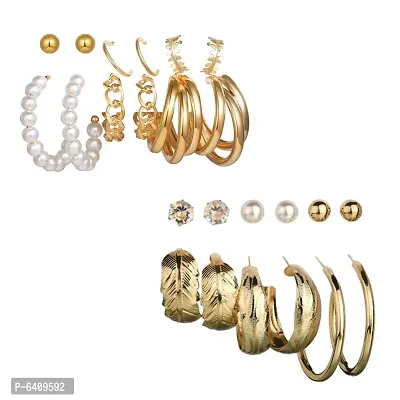 Combo of 12 Pair Stunning Gold Plated Pearl Studs and Leaf Hoop Earrings For Women and Girls