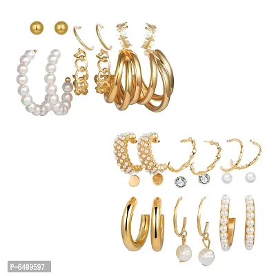 Combo of 15 Pair Stylish Gold Plated Studs and Pearl Hoop Earrings For Women and Girls