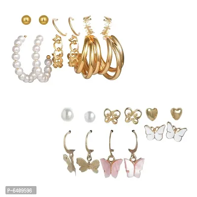 Combo of 12 Pair Lavish Gold Plated Pearl Heart Studs And Hoop Earrings For Women and Girls