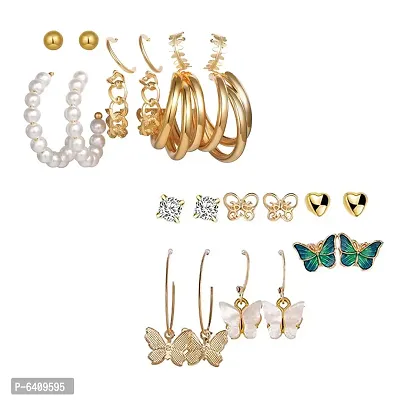 Combo of 12 Pair Enamelled Gold Plated Butterfly Crystal Studs and hoop Earrings For Women and Girls