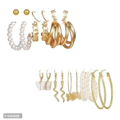 Combo of 11 Pair Elegant Gold Plated Pearl Hoop, Drop, Hoop and Studs Earrings For Women and Girls