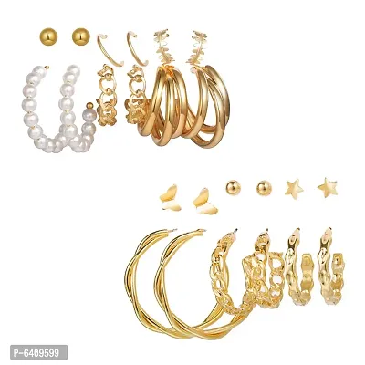 Combo of 12 Pair Attractive Gold Plated Cross hoop, Hoop and Studs Earrings For Women and Girls
