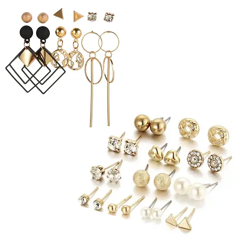 Combo of 18 Pair Modern Gold Plated Studded Pearl Studs and Hoop Earrings