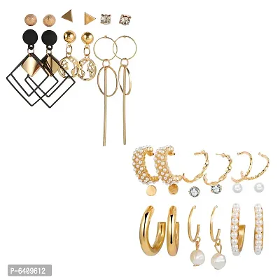 Combo of 15 Pair Stunning Gold Plated Studs and Pearl Hoop Earrings For Women and Girls