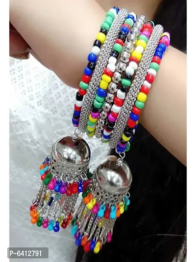 Combo Of 2 Silver Bangle Bracelet With Multicolour Beads Hanging Jhumki-thumb3