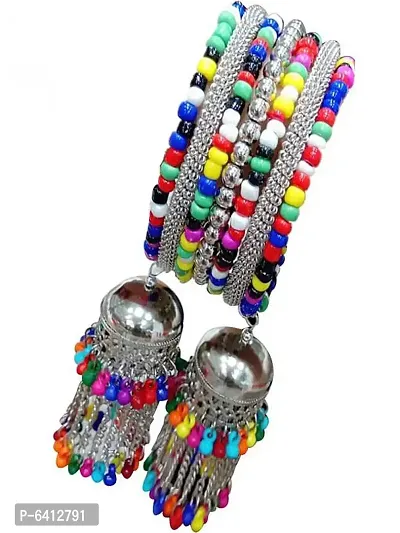 Combo Of 2 Silver Bangle Bracelet With Multicolour Beads Hanging Jhumki-thumb4