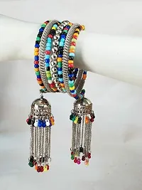 Combo Of 2 Silver Bangle Bracelet With Multicolour Beads Hanging Jhumki-thumb1