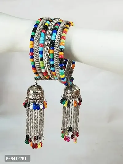 Combo Of 2 Silver Bangle Bracelet With Multicolour Beads Hanging Jhumki-thumb2