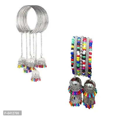 Stunning Combo Of 2 Silver Bangle Bracelet With Multicolour Beads Hanging Jhumki