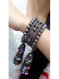 Combo Of 2 Gorgeous Silver Bangle Bracelet With Hanging Multicolour Beads Jhumki-thumb1