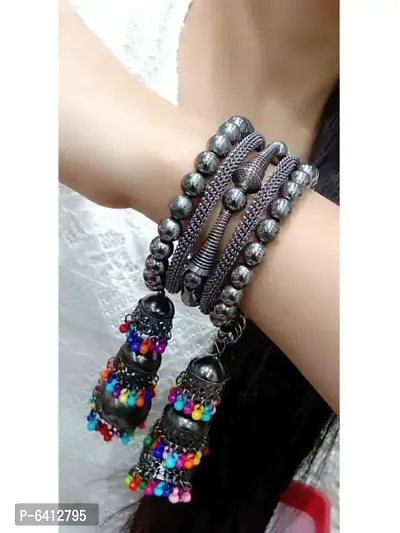 Combo Of 2 Gorgeous Silver Bangle Bracelet With Hanging Multicolour Beads Jhumki-thumb2