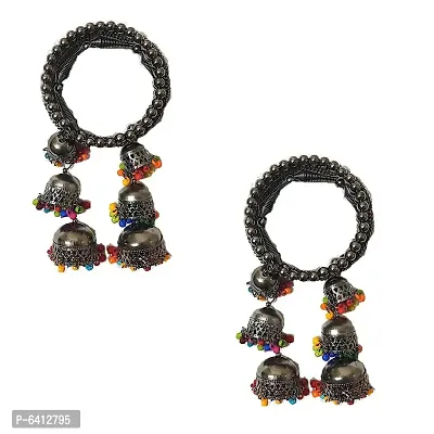 Combo Of 2 Gorgeous Silver Bangle Bracelet With Hanging Multicolour Beads Jhumki-thumb0