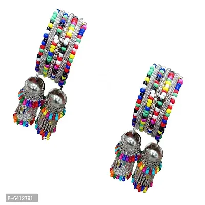 Combo Of 2 Silver Bangle Bracelet With Multicolour Beads Hanging Jhumki-thumb0