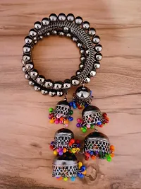 Combo Of 2 Gorgeous Silver Bangle Bracelet With Hanging Multicolour Beads Jhumki-thumb3