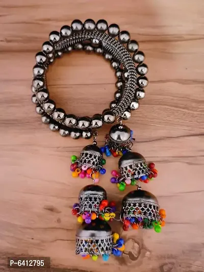 Combo Of 2 Gorgeous Silver Bangle Bracelet With Hanging Multicolour Beads Jhumki-thumb4