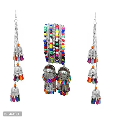 Combo Of Silver Layered Jhumki And Hanging Bracelet Bangle Set For Women-thumb0