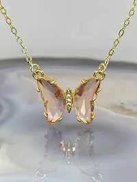 Combo Of Pink Crystal Butterfly Pendant Necklace And Earrings With Ring For Women-thumb1