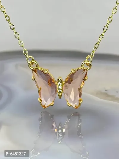 Combo Of Pink Crystal Butterfly Pendant Necklace And Earrings With Ring For Women-thumb2