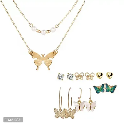 Combo Of Double Layered Pearl Butterfly Pendant Necklace With Earrings Set